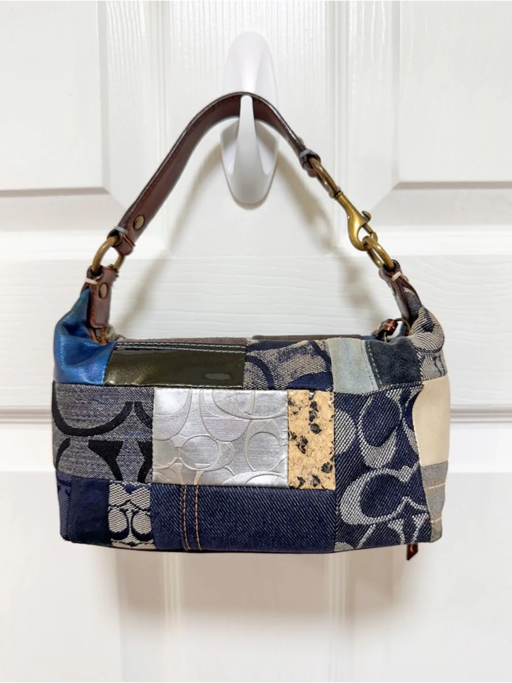 Coach Denim Patchwork Demi Bag Blue Monogram Canvas Baguette